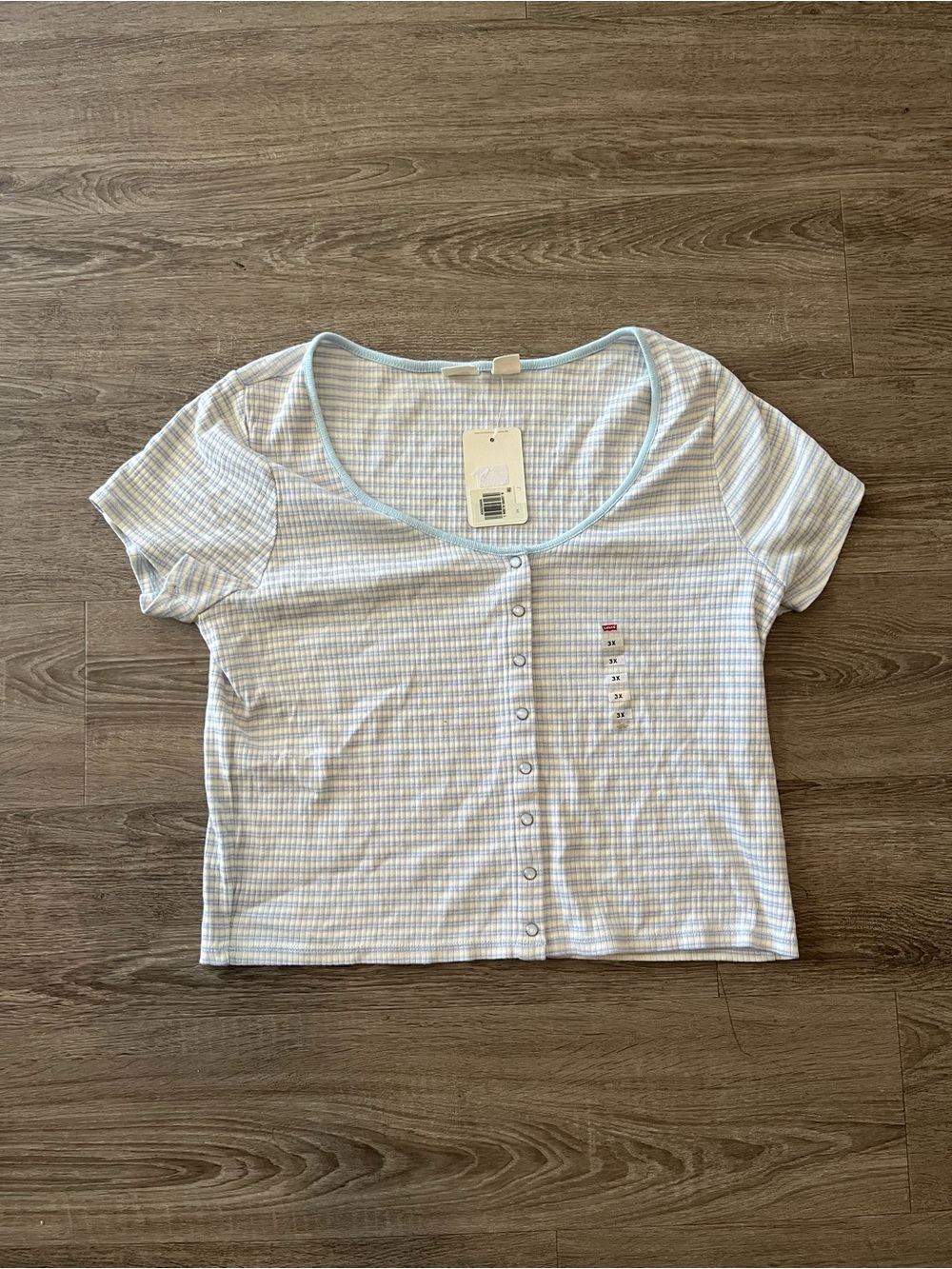 Levi’s Womens Crop Top 3X Blue Stripe Ribbed Snap Front Crop Baby Tee Top NWT